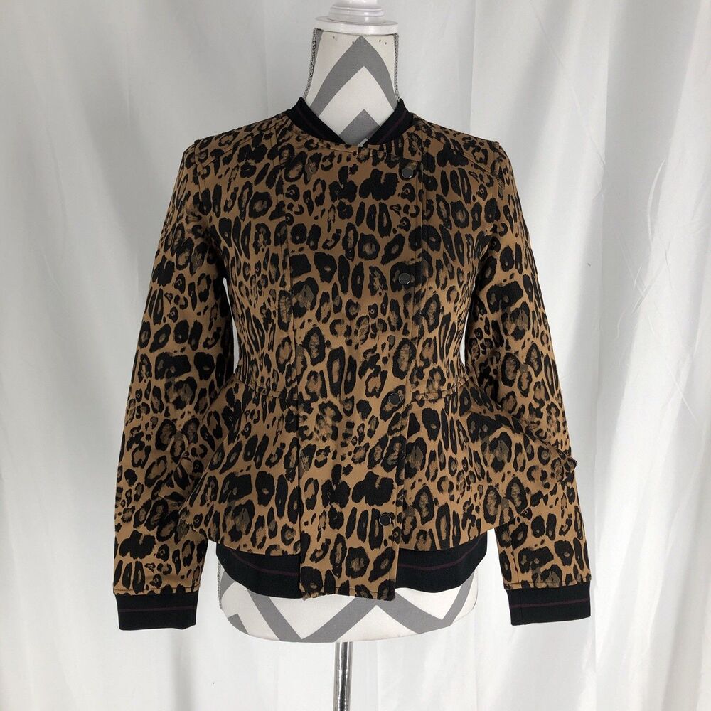 Trouve Leopard Peplum Snaps Zipper Lined No-Collar Jacket Women's XS